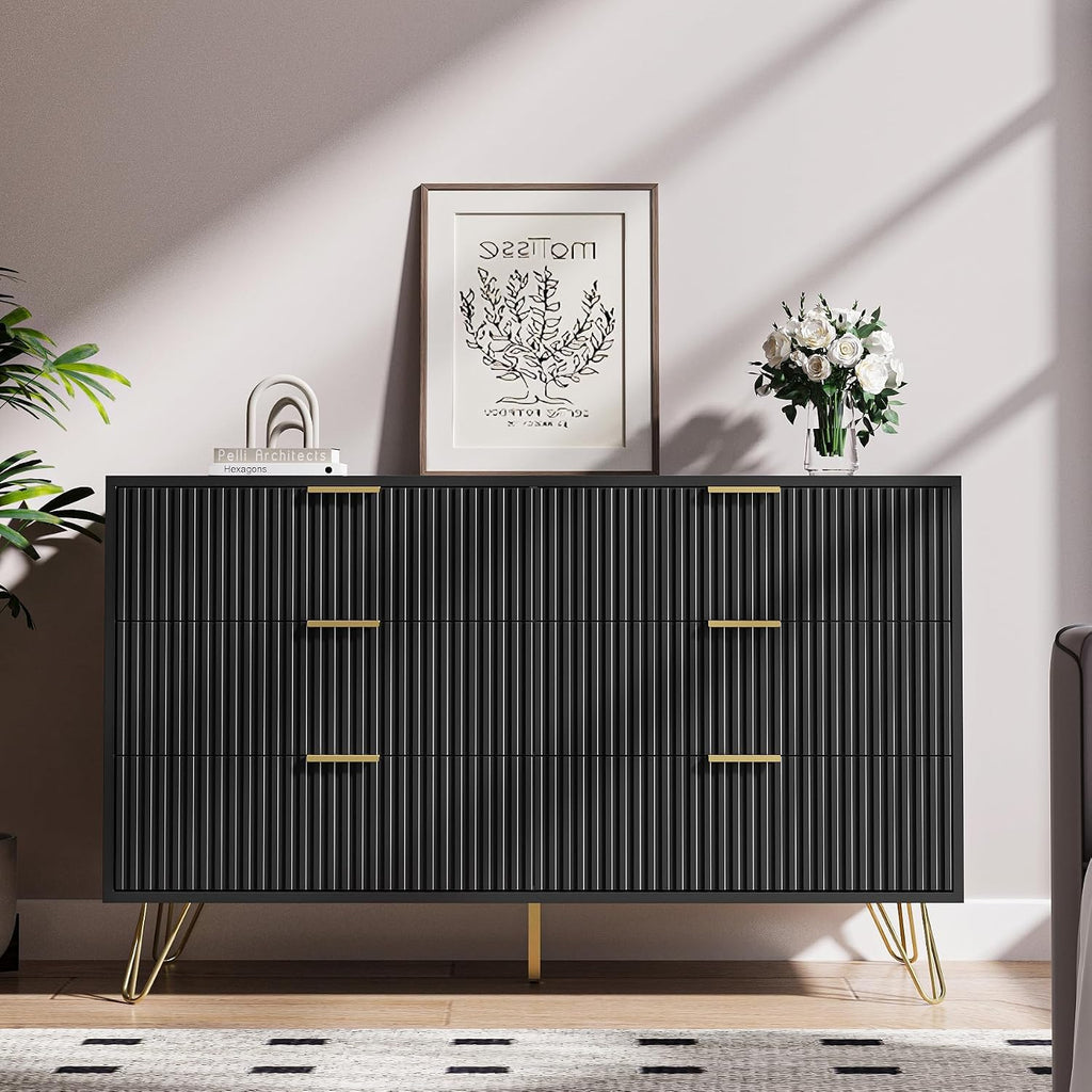 Black 6 Drawer Dresser, Fluted Dresser with Gold metal Handles