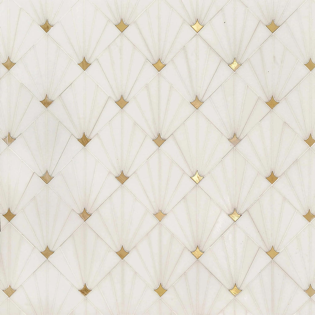 Marble Mosaic Tile Shower and Bathroom Walls, Thassos Marble with Brass Accent, Waterjet Backsplash Tile, 11" × 11"