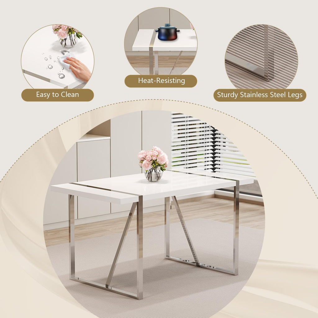 55'' White Dining Table Set for 6, Dining Tabletop and Silver Metal Frame, Rectangle Dining Room Table with 6 White
