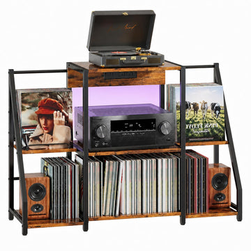 Record Player Stand, Record Player Table with Power Outlets and LED Light, Holds Up to 300 Albums, Vintage Vinyl
