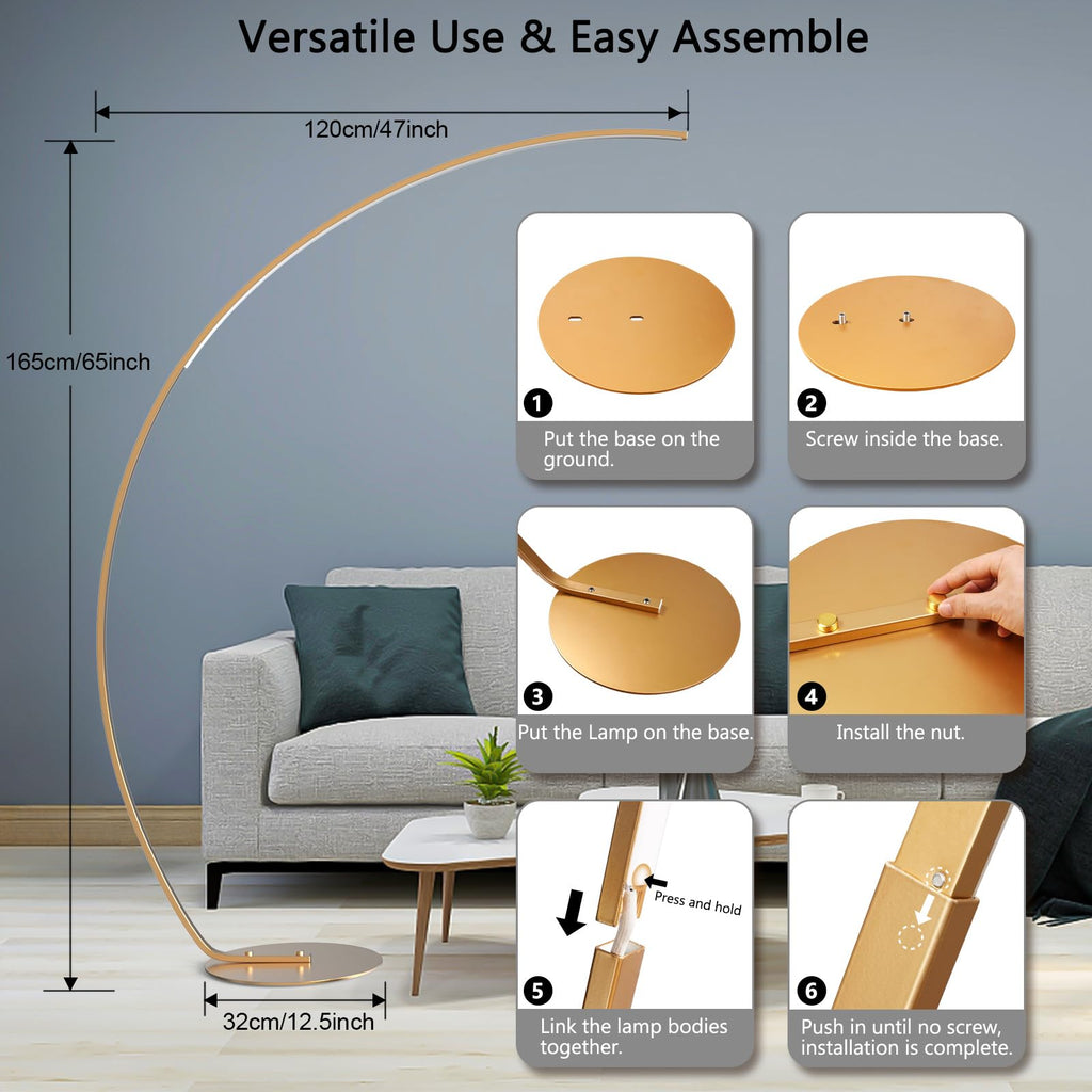 67" Gold Arc Floor Lamp, Modern LED Standing Lamp with Remote