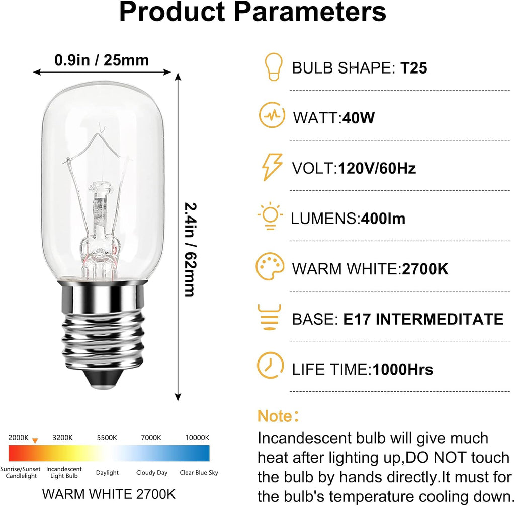 Microwave Light Bulb for Appliance Refrigerator, Over Stove Range Hood, Lava Lamp T8 40 Watt 125V E17 Intermediate