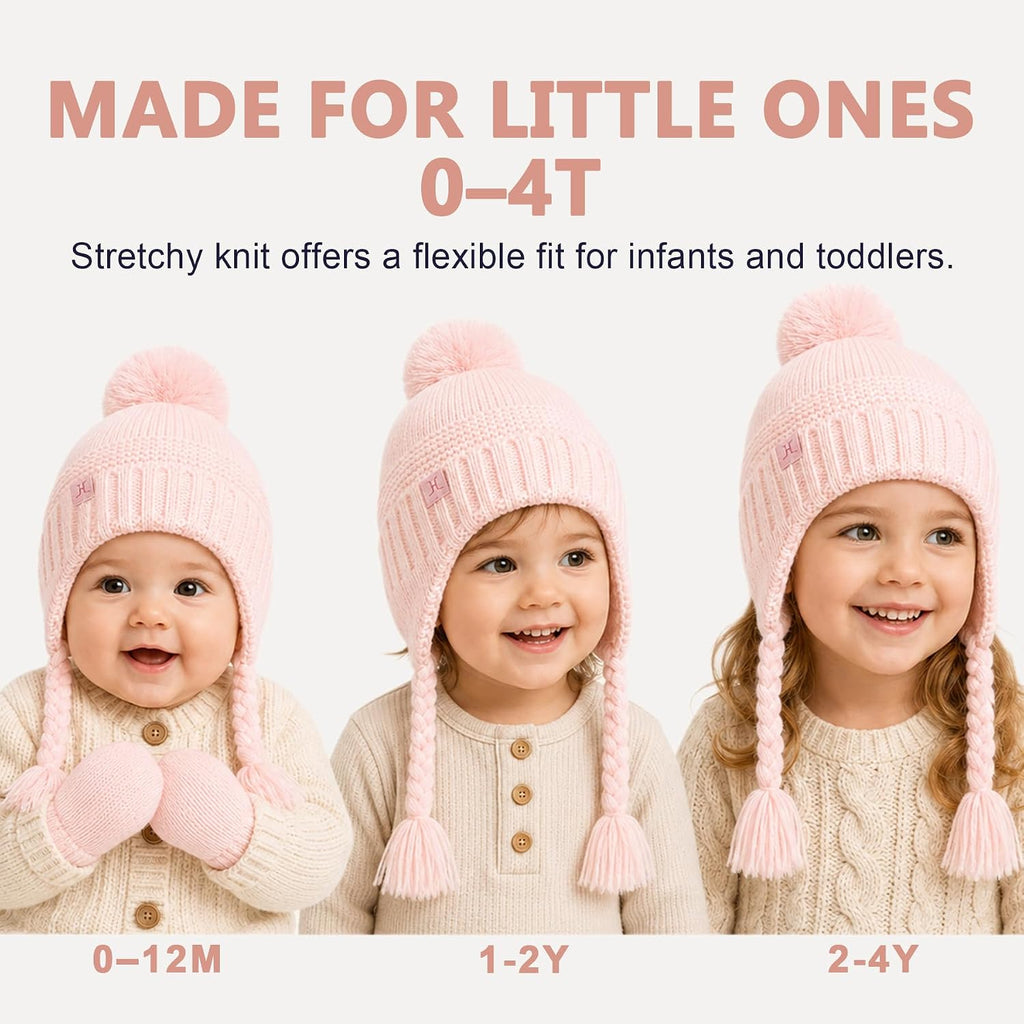 Baby Girl Winter Hat and Mittens Set, Wool Blend Pom Pom Beanie With Ear Flaps, For Infant Toddler Girls 0