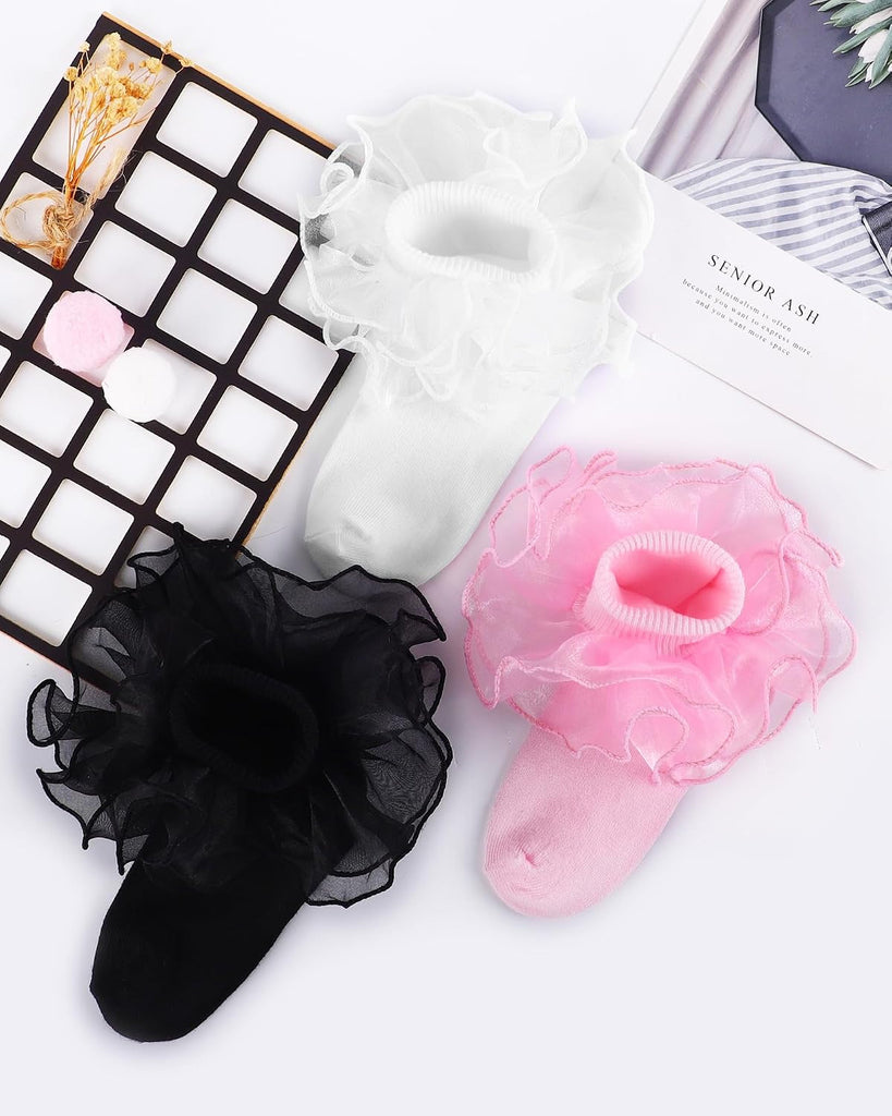Toddler Girl Socks with Big Ruffle Lace Frilly Turn Cuff Dress Socks
