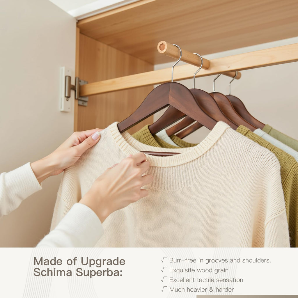 Wooden Hangers 30 Pack, Heavy Duty Solid Wooden Clothes Hangers with Pant Bar, 360-Degree Rotatable Hook, Durable & Slim