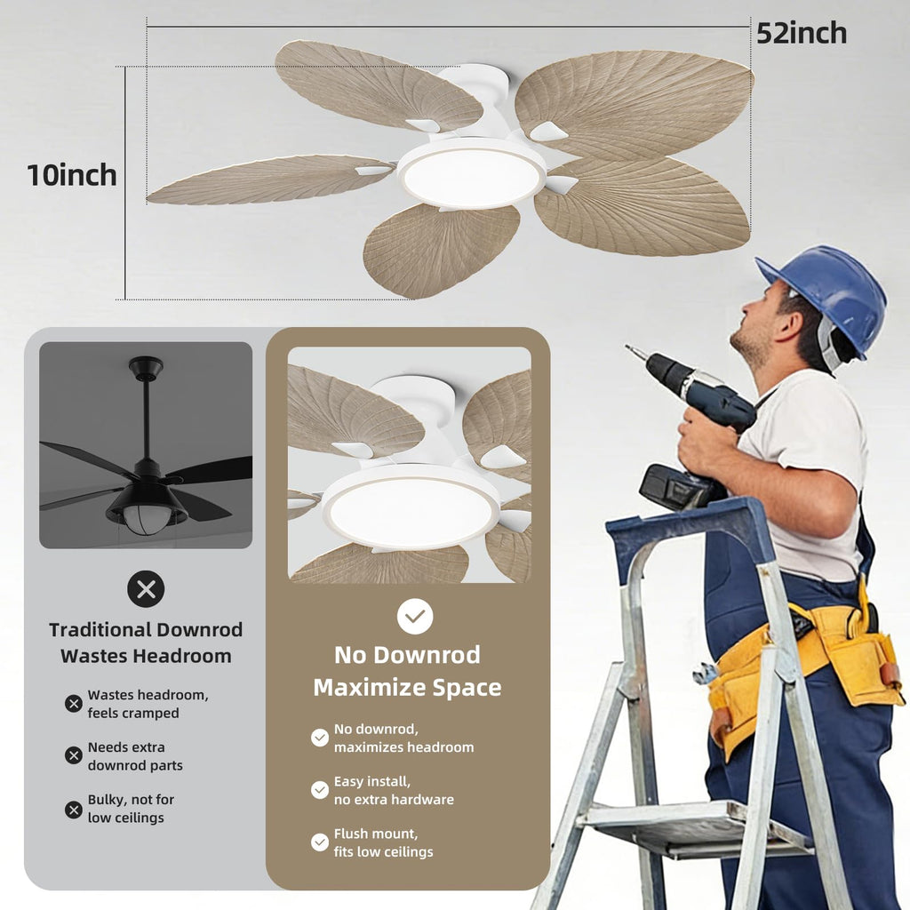 52 Inch Boho Palm Leaf Flush Mount Ceiling Fan with Light and Remote White Motor, Natural Wood Finish Blades, Quiet
