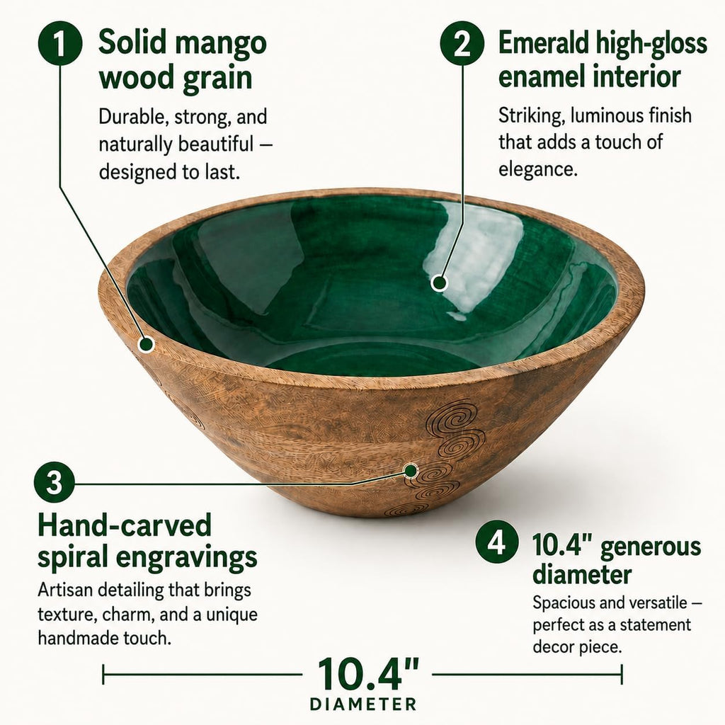 Wooden Decorative Bowl with Green Interior, Mango Wood Bowl Decor | Modern Fruit Bowl Counter; Hand-Carved Coffee