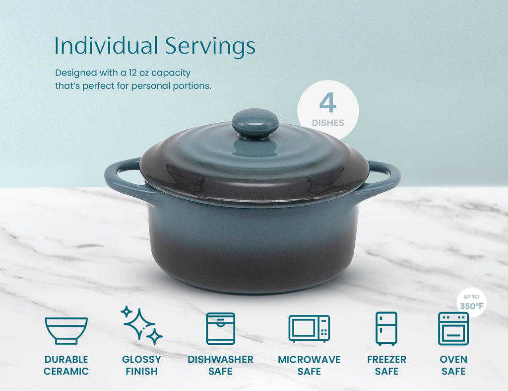 Mini Cocotte, Lids, Handles, Dutch Oven, Set of 4, 12 oz, Stone Ombre