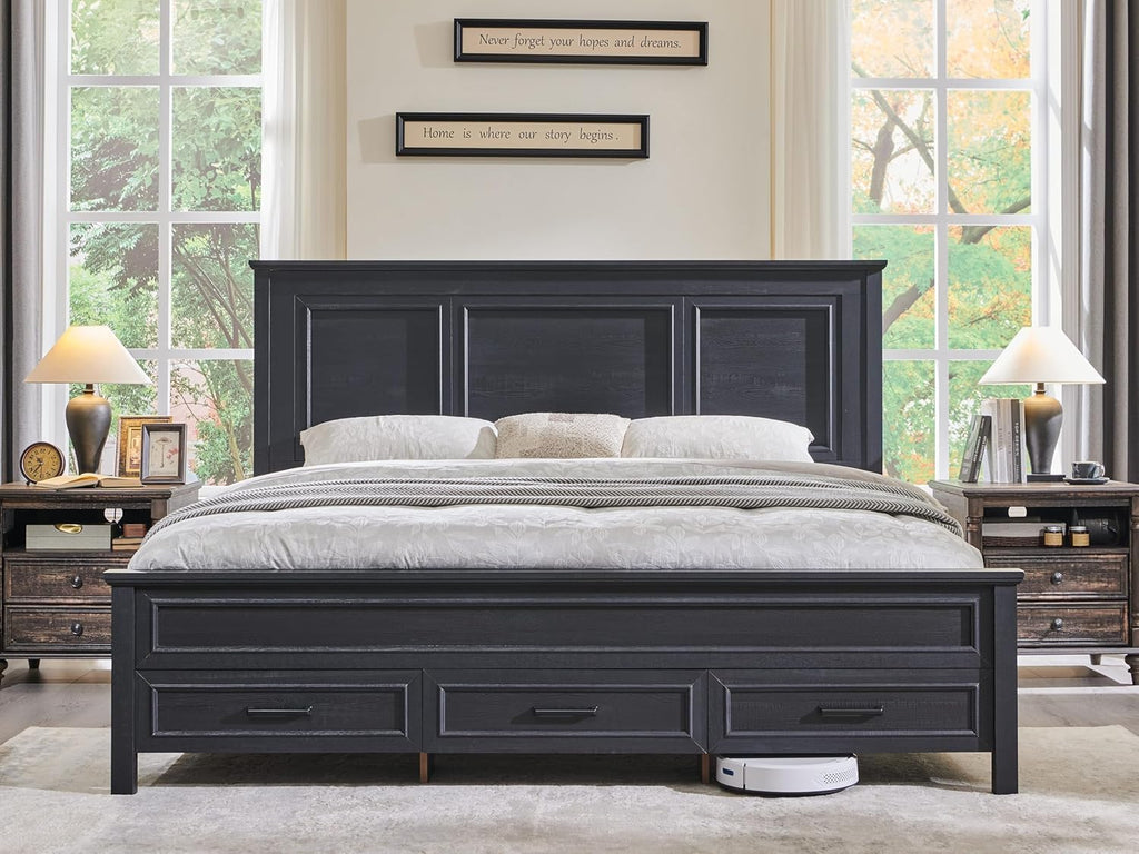 Farmhouse King Bed Frame with 52" Tall Headboard, Wood Platform Bedframe with Footboard and Storage Drawers, No