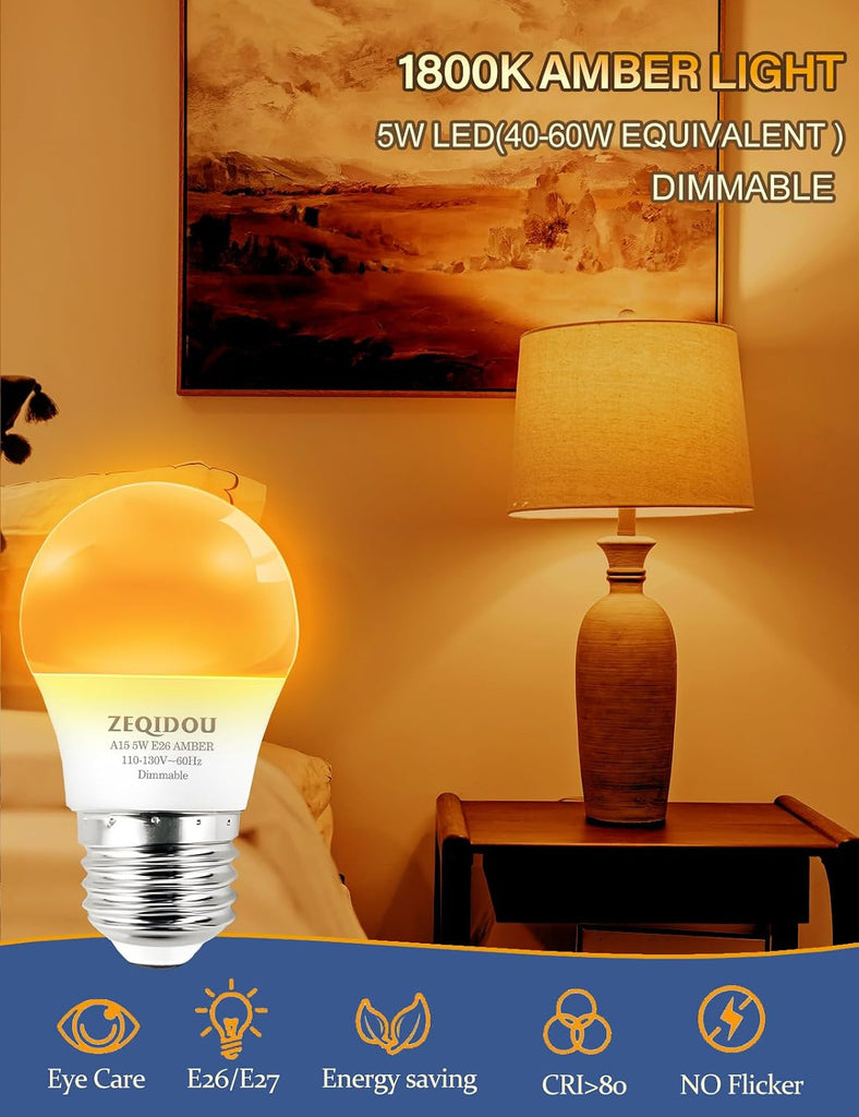 Amber Sleep Light Bulbs Dimmable, Blue Light Blocking, A15 E26 5W(40 Watt Equivalent) Dim Light Bulb,1800K Warm Light