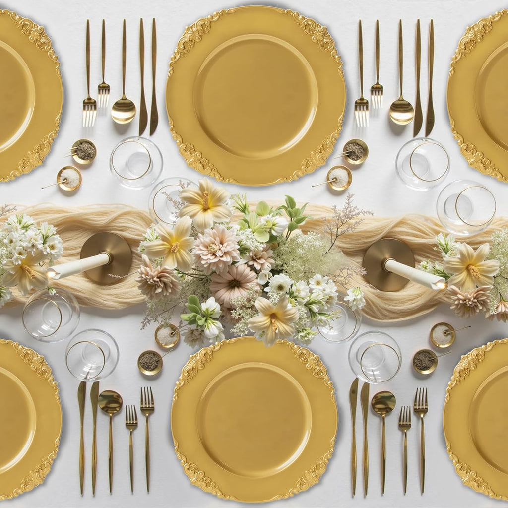 Gold Charger Plates Bulk, 13" Round Charger Plates with Embossed Rim, Decorative Dinner Gold Chargers - Set of 100