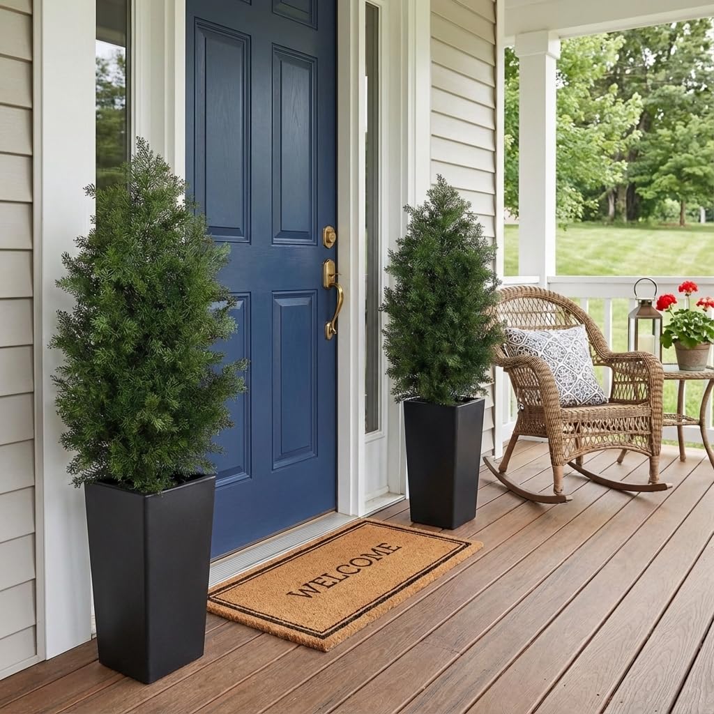 4ft Artificial Cedar Topiary Trees, 4 Feet Faux Potted Plants Evergreen Fake Pine Cypress Tree for Outdoor Porch Home