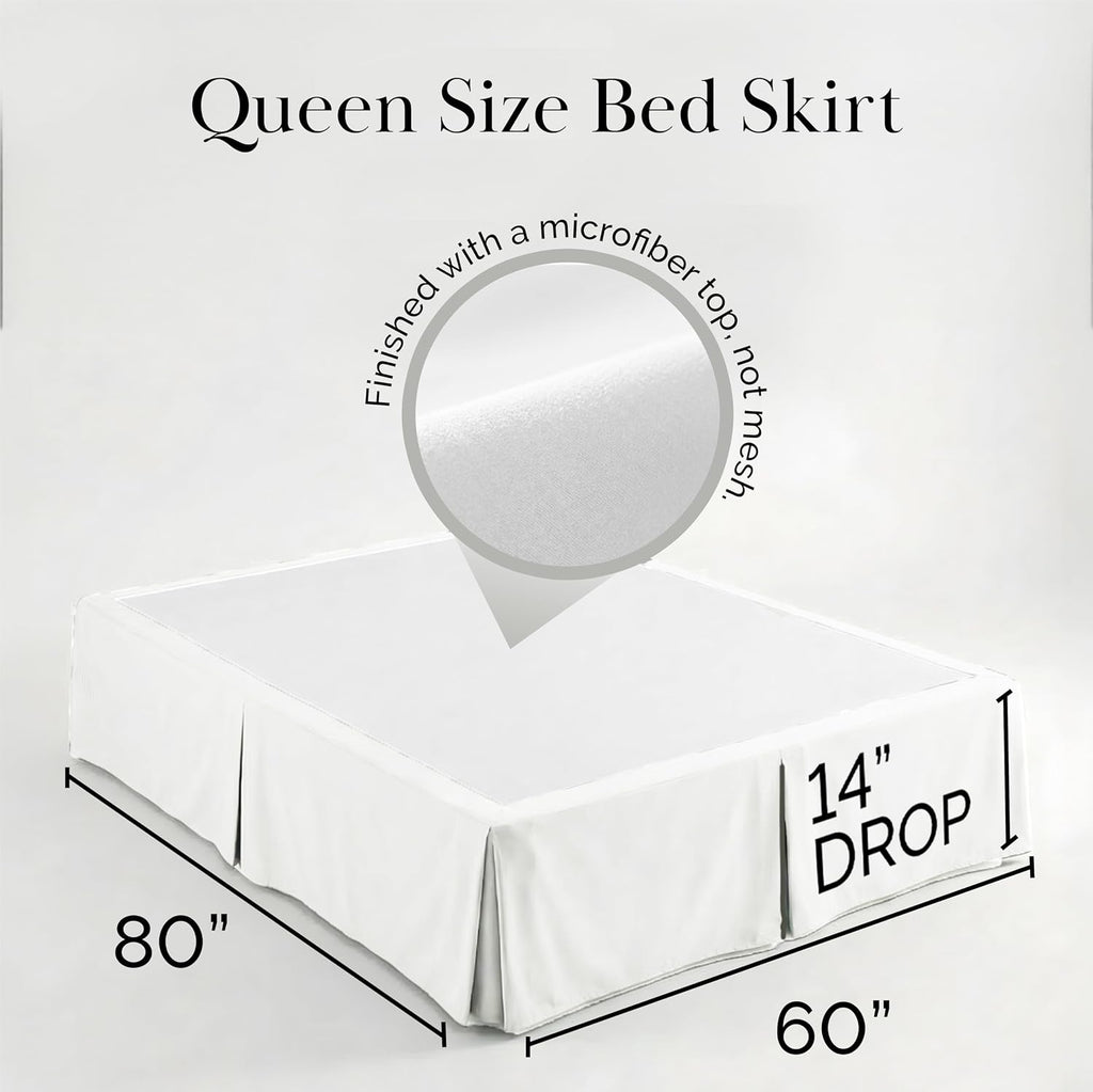Queen Bed Skirt 14 Inch Drop, Pleated Dust Ruffle for Bed Skirting Queen Size - Platform Cover, Split Corners