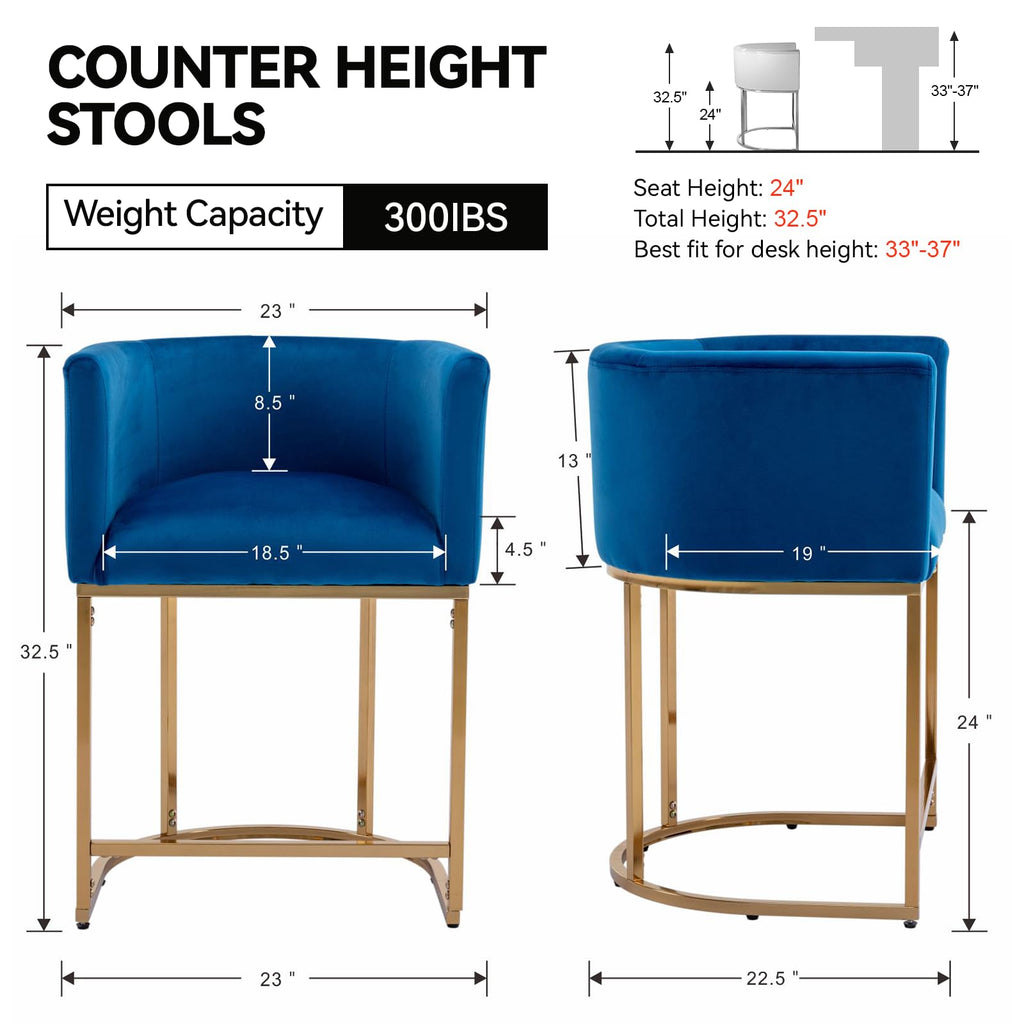 Contemporary Blue Velvet Bar Stools Set of 3, 24" Upholstered Fabric Counter Height Barstools Kitchen Counter Island