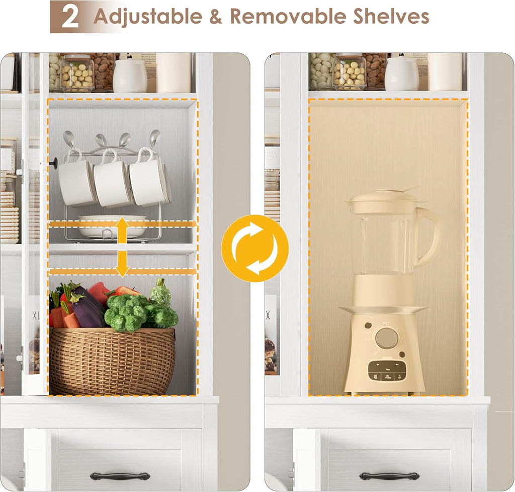74.4''Hx63''W Large Pantry Cabinet,Kitchen Hutch Cabinet with Storage | Large White Bookcase with 6 Storage Drawers