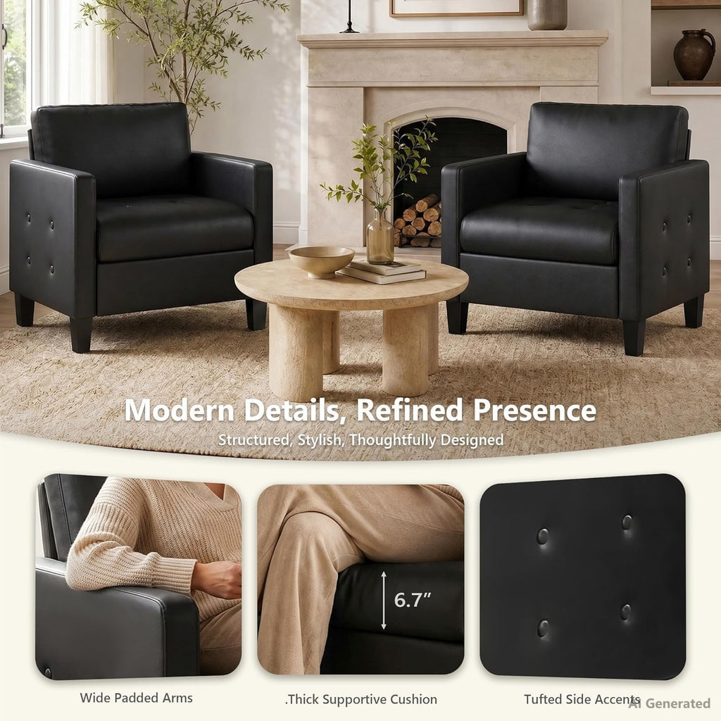 Black Comfy Accent Chair, Faux Leather Living Room Chair
