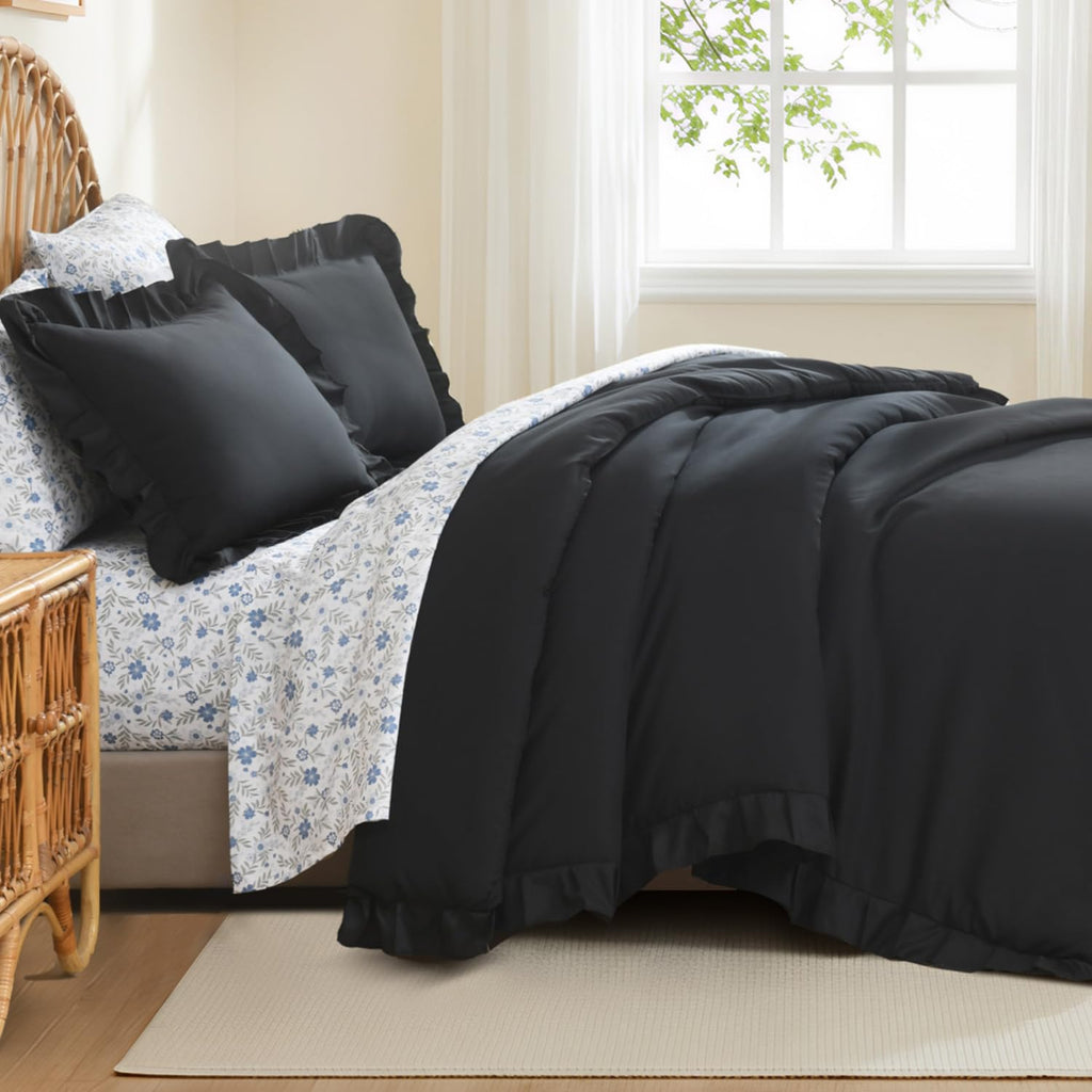 7Pcs Ruffled Black Comforter Set with Floral Sheets
