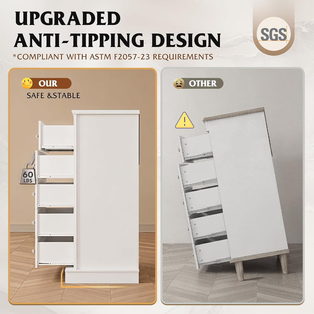 5 Drawer Dresser, 45" Tall Dresser with Exclusive Anti-Tip Structure, Modern Chest of Drawers with Large Capacity