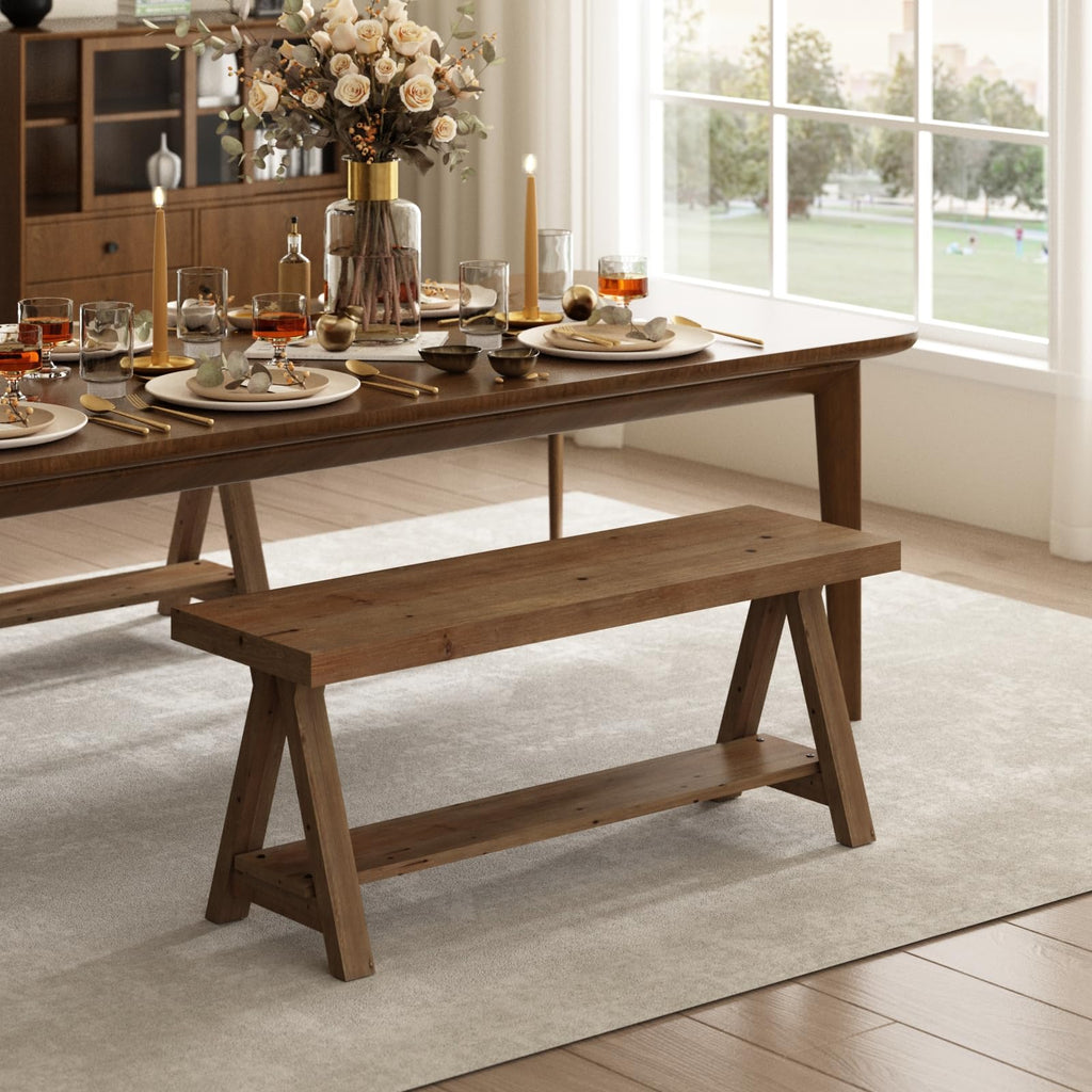 Solid Wood Bench, 43" Farmhouse Entryway Bench with Shoe Storage