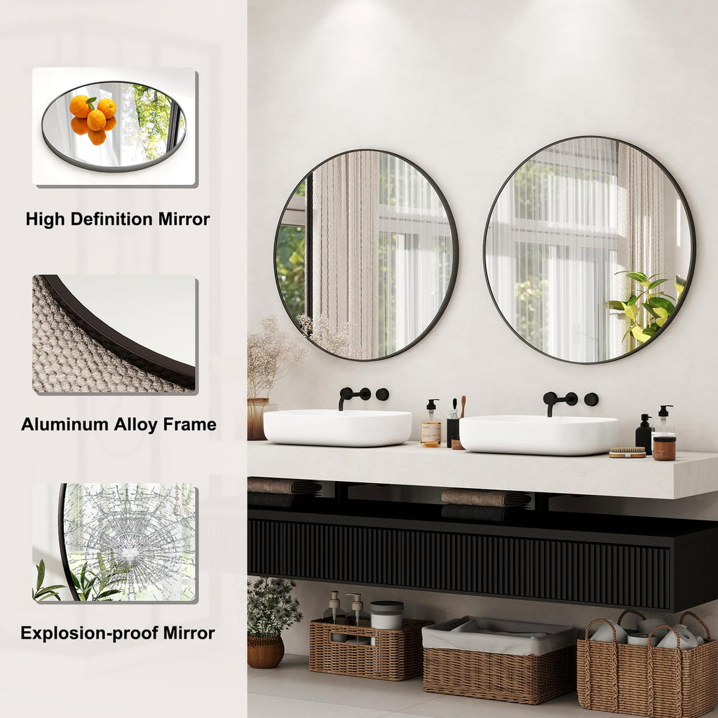 42 Inch Round Bathroom Mirror - Black Wall Mounted Circle Mirror with Metal Frame, Modern Round Hanging Mirror