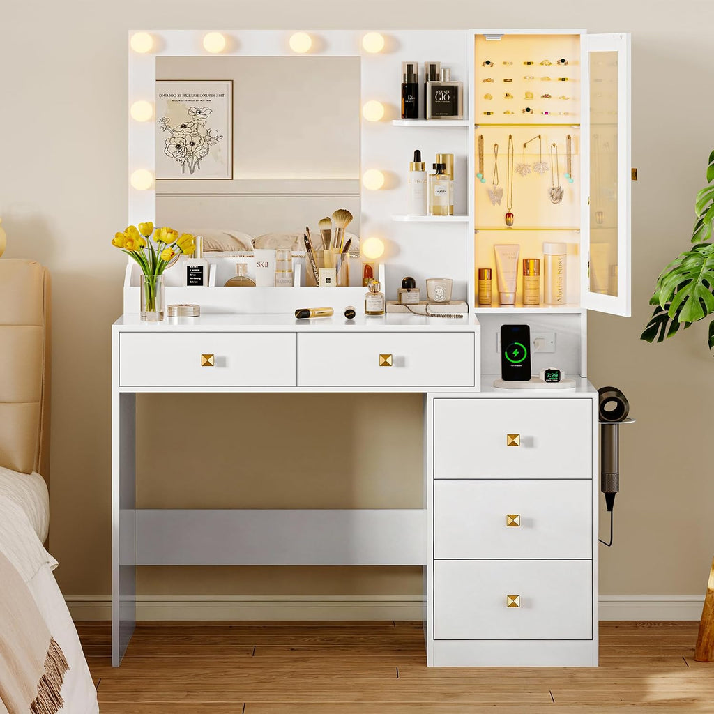 Vanity Desk with Mirror and Lights, Makeup Vanity Table Set with 5 Storage Drawers, Power Outlet, Small Dressing