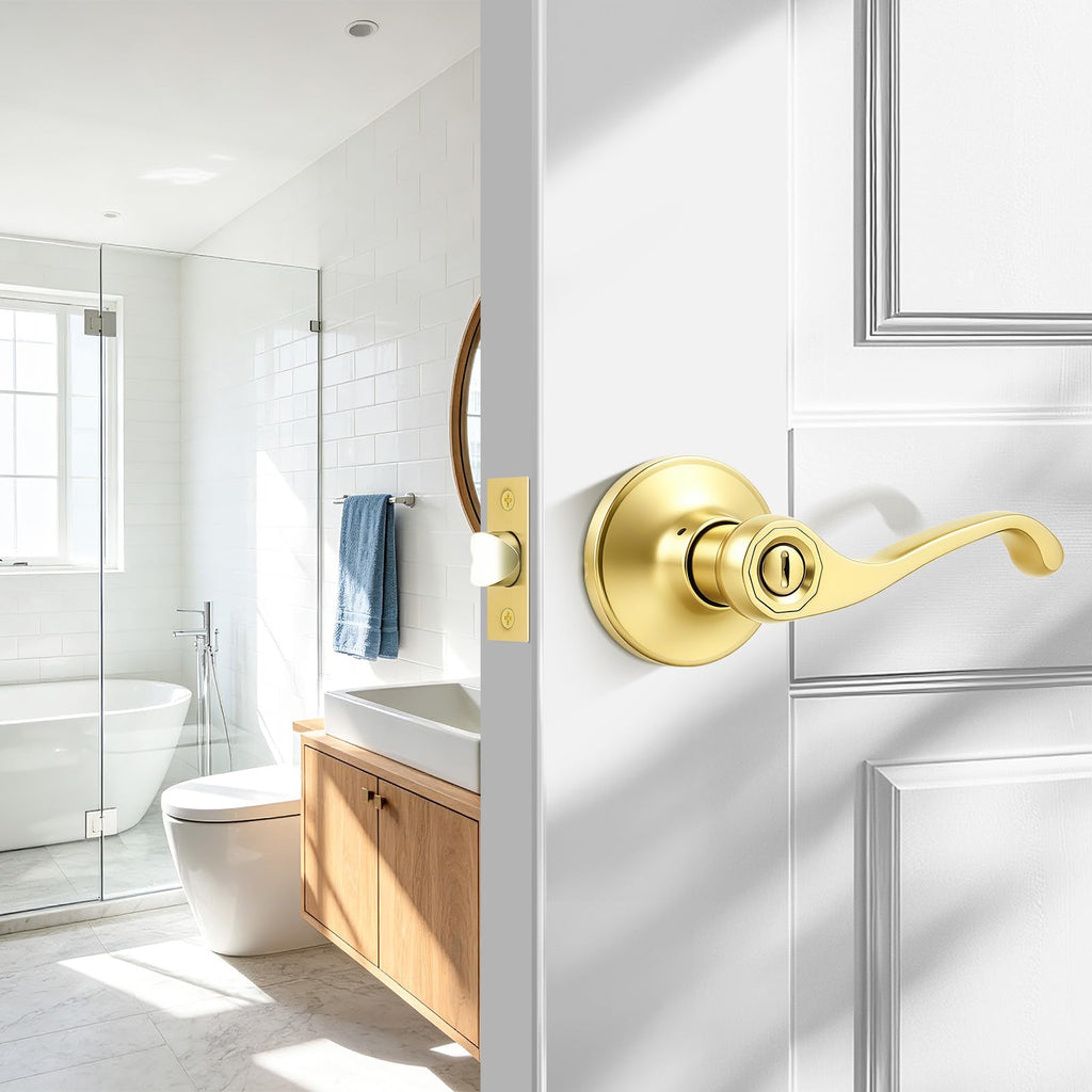 Scroll Privacy Door Lever, Gold Door Handle Interior, Reversible for Left/Right Handed Door, Polished Brass Door