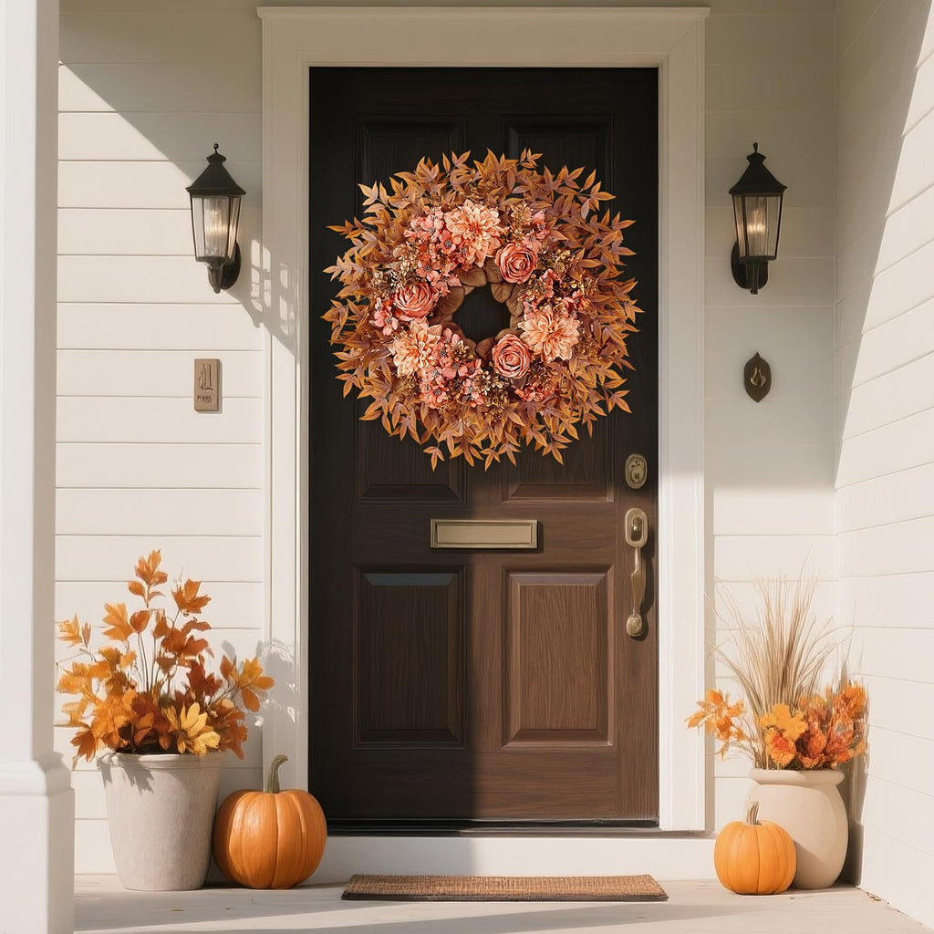 26" Artificial Silk Rose Dahlia Flower Wreath for Front Door (Fall Orange)