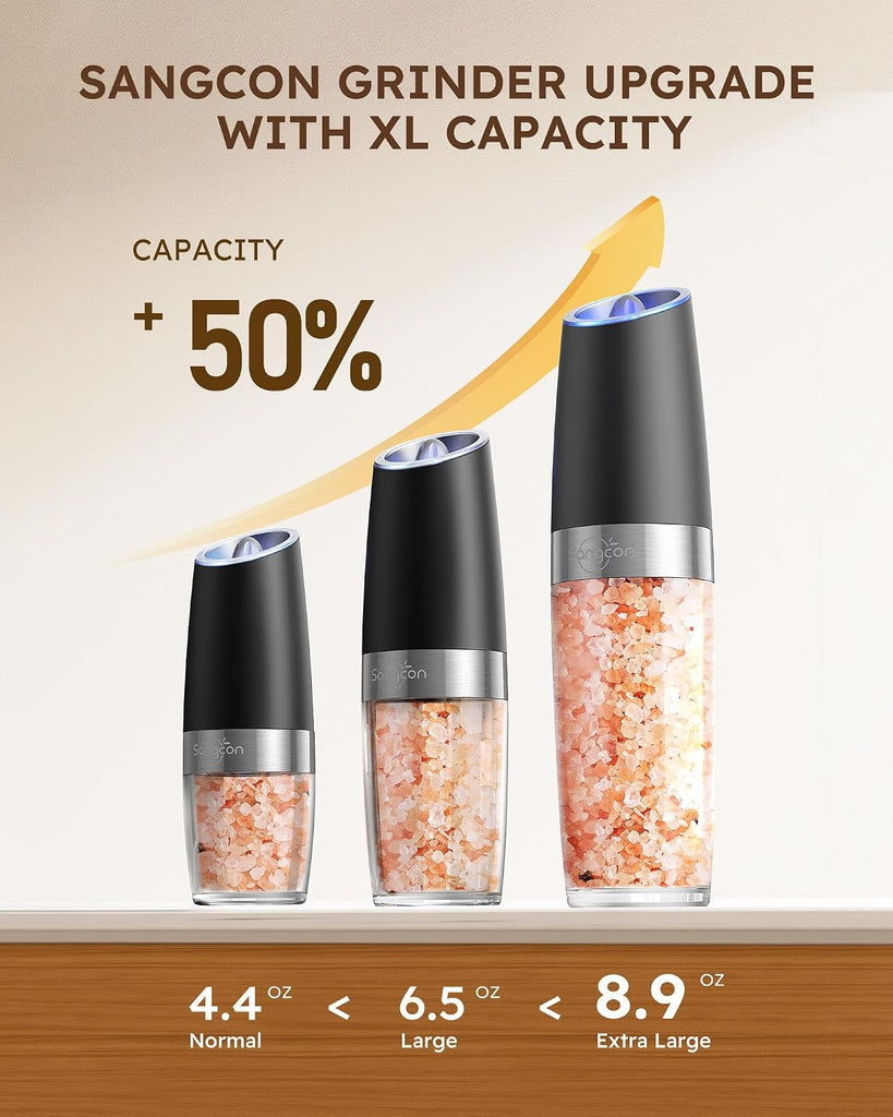 Gravity Electric Salt and Pepper Grinder Set Shakers UPGRADED 9OZ XL CAPACITY Battery Powered Refillable Automatic - Set of 2
