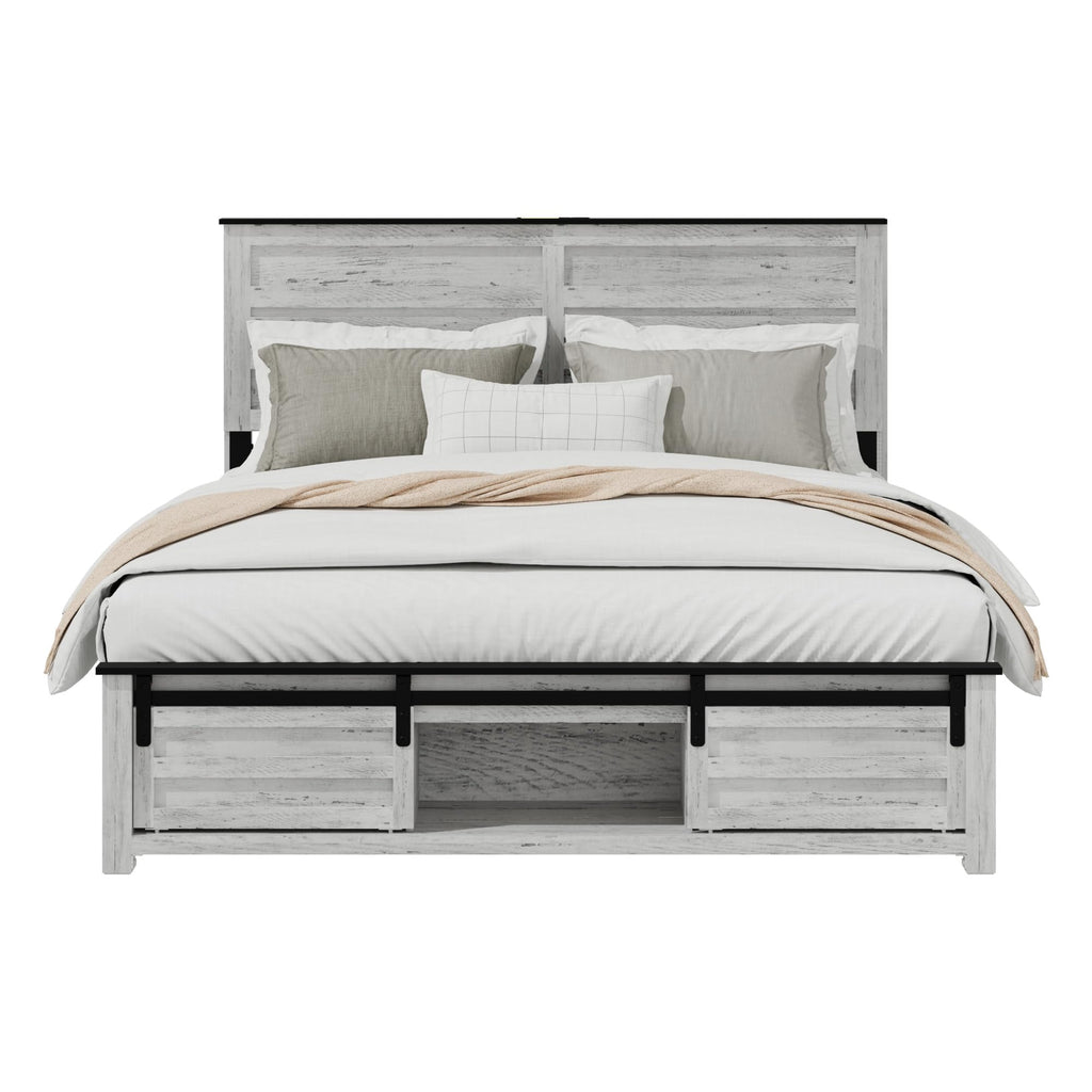 Wooden Bed Frame with Headboard, Boho Storage Bedframe with Sliding Barn Door Footboard and Charging