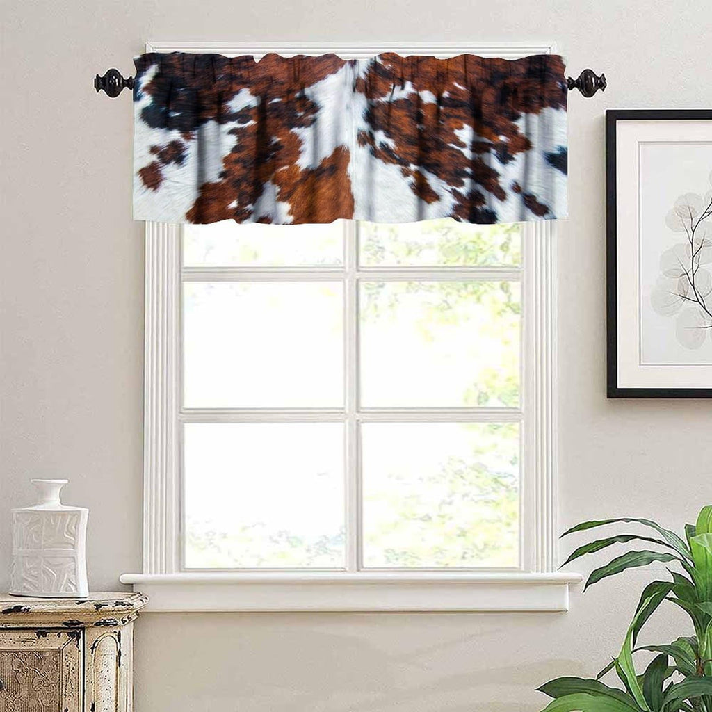 Farmhouse Cowhide Valance, Abstract Brown White Cow Fur Western Animal Skin Print Blackout Short Window Curtain