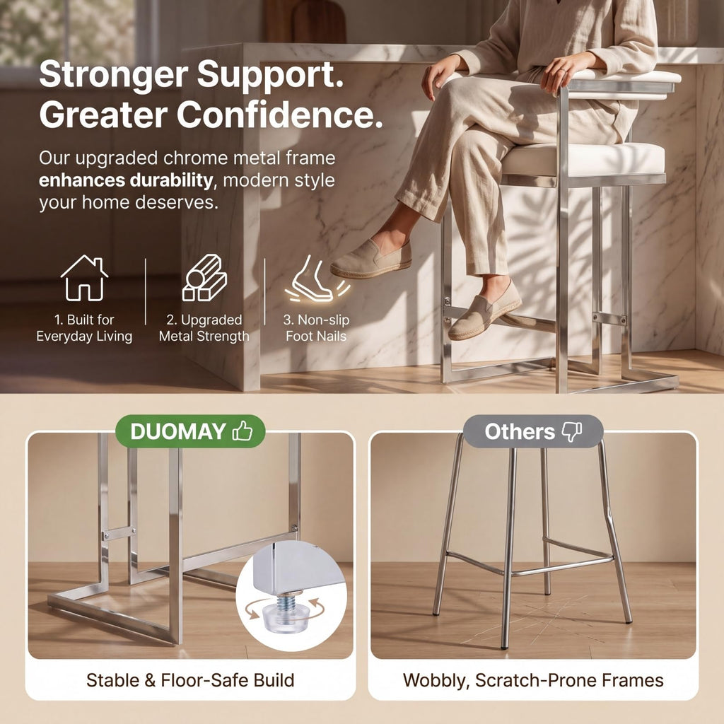 Modern 26" Bar Stools Set of 2 | Faux Leather Upholstered Counter Height Stool with Chrome Metal Frame, Kitchen Bar