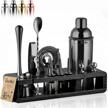 Black Bartender Kit - Stainless-Steel Cocktail Shaker Set w/Black Bamboo Stand - Mixology Bar Tools w/Drink Shaker