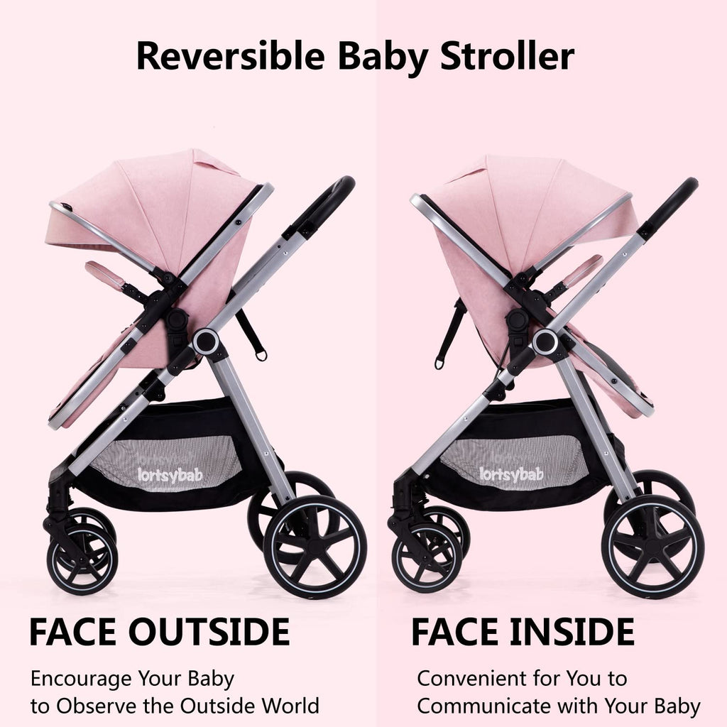 2-in-1 Baby Stroller - Folding Infant Newborn Pram Stroller with Reversible Seat - Toddler Strollers for 0-36 Months