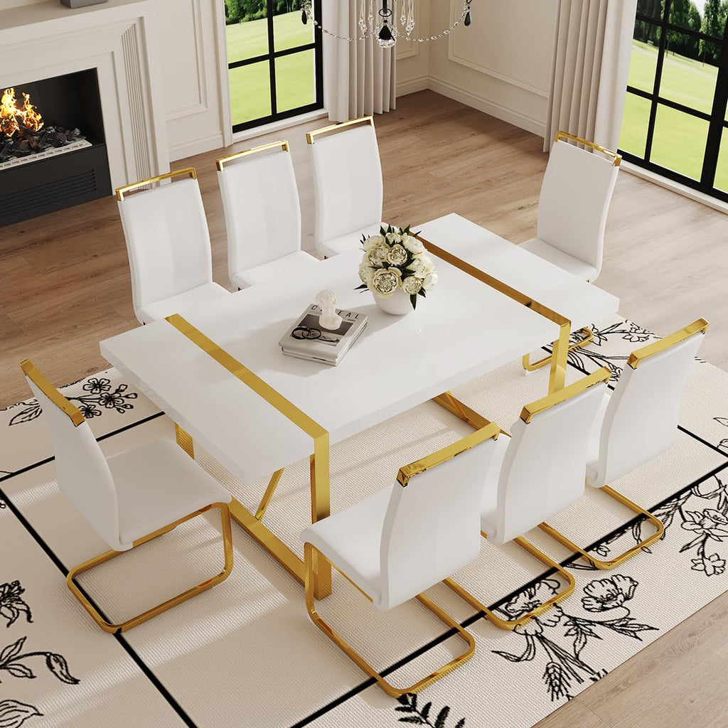 White Dining Table Set for 8, 71'' Kitchen Table and White Leather Dining Chairs Set of 8, 9 Piece Dining Room Table