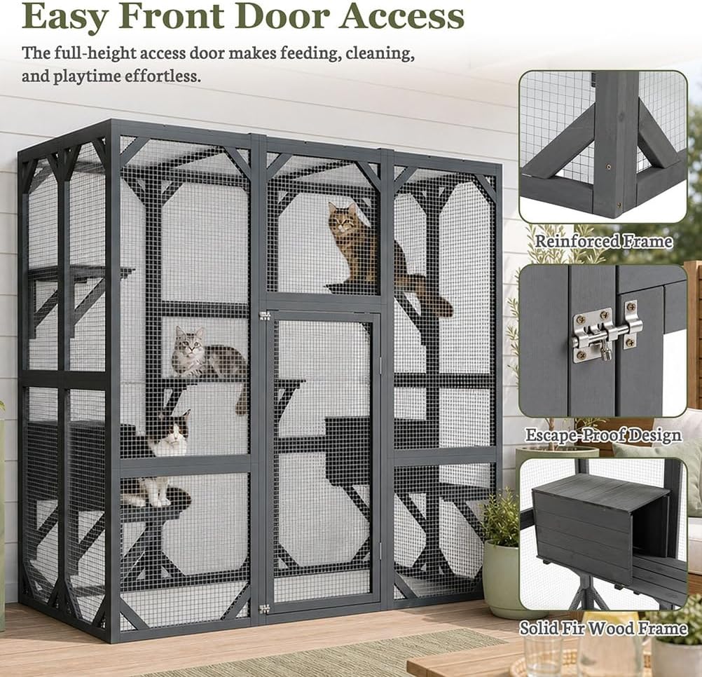 71 Inch Catio Outdoor Cat Enclosure, Wooden Walk-in Cat House with Waterproof Polycarbonate Roof, Wire Mesh Panels