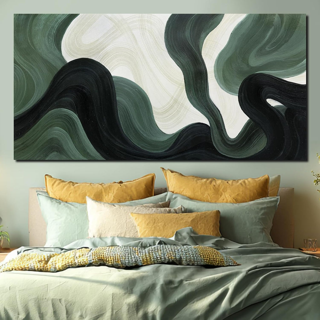 Modern Green Abstract Canvas Wall Art Fluid Wave Style Canvas Print in Dark Green Black and Beige Oversized Wall