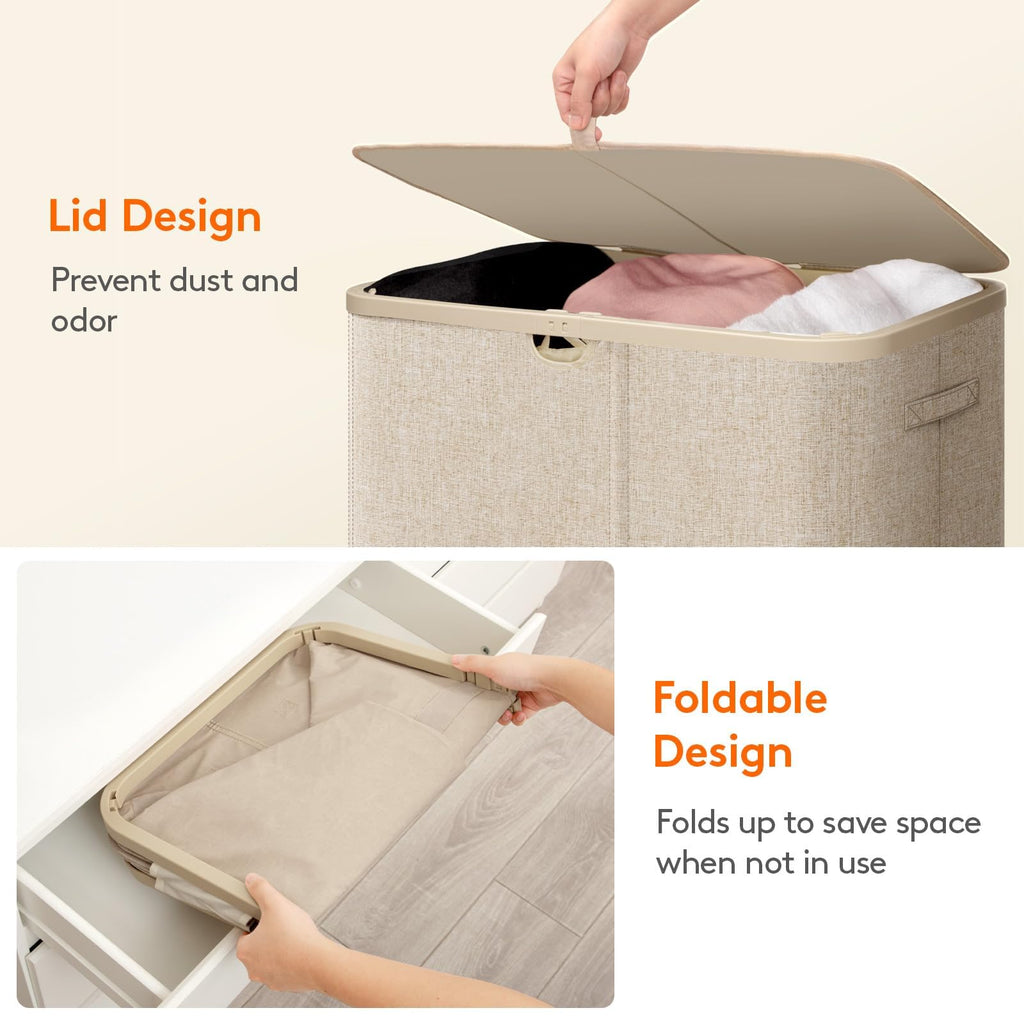 185L 3 Section Laundry Hamper with Lid, Laundry Basket, Beige