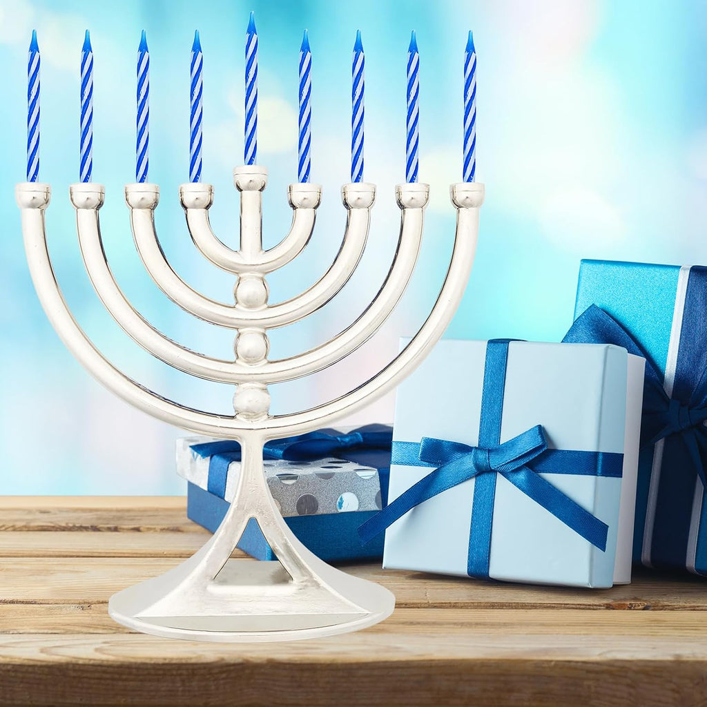 Hanukkah Silver Mini with Candles Classic 5 inch Great for Travel, Hanukkah Decor Centerpiece