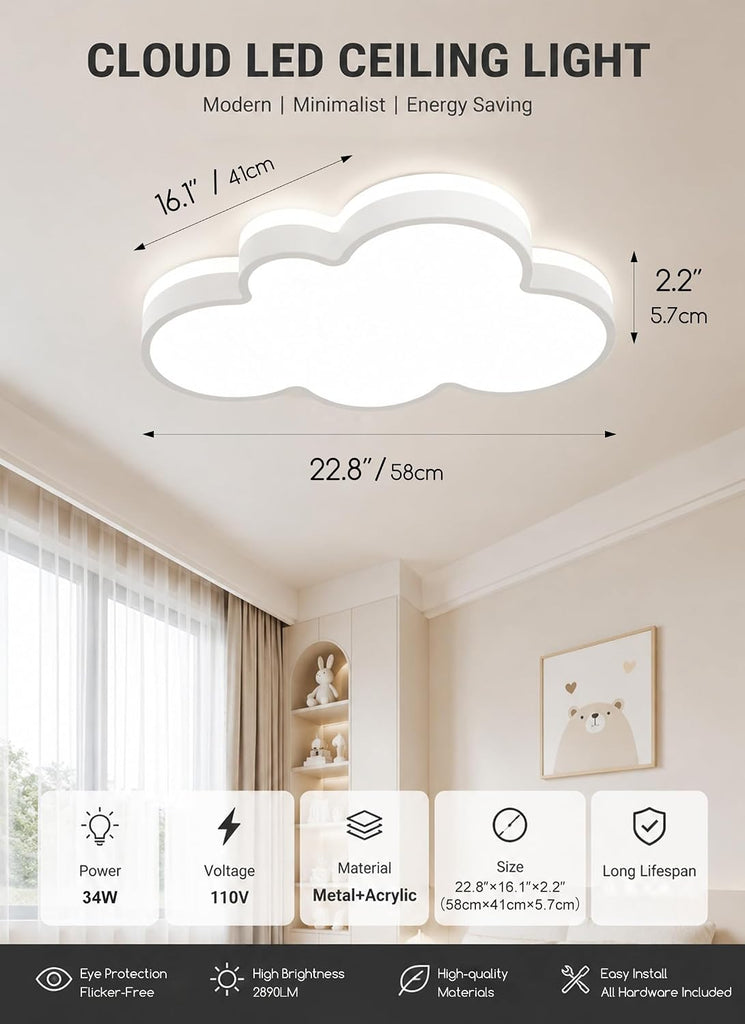 Modern Cloud LED Ceiling Light with Remote Control, Dimmable Flush Mount Nursery Light Fixture, 34W White Acrylic
