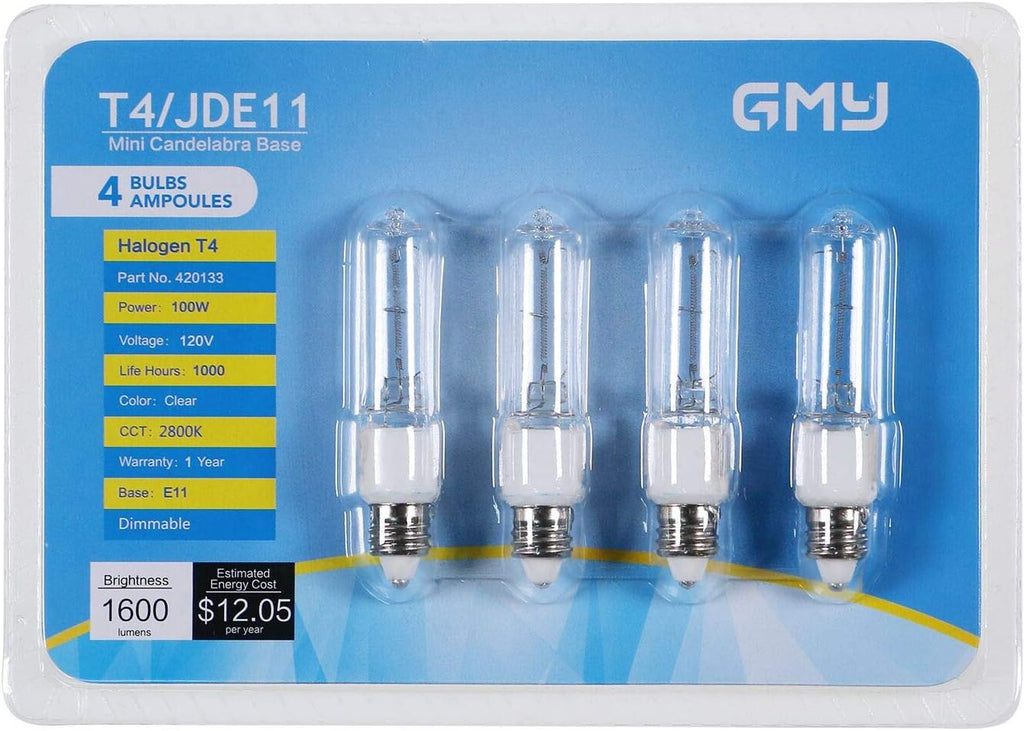 JDE11 120V 100W T4 JDE11 Bulb, Mini Candelabra Base E11 Bulb, 1600lm 2800K Clear Dimmable 100 watt Halogen Light