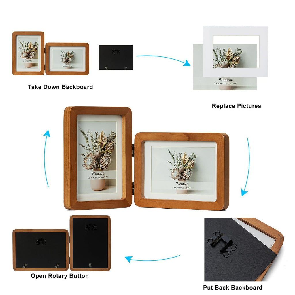 5x7 Double Vertical Horizontal Hinged Foldable Combo Rounded Corner Picture Frame, Walnut-Colored Pine Wood with Real