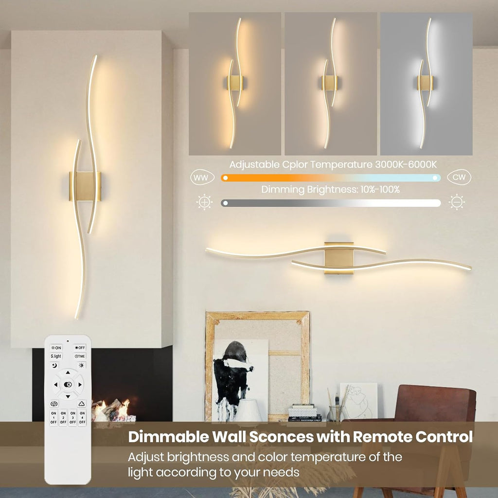 Modern LED Wall Sconce Set of Two with Remote Control, 40" Dimmable Wall Sconces Lighting Set of 2, Gold Wall Light
