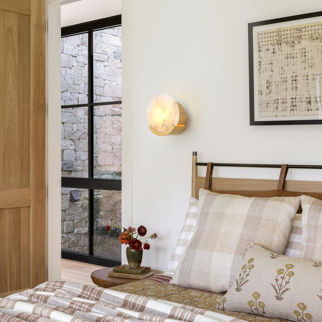 Gold Modern Wall Sconces for Bathroom, 1-Light Alabaster Sconce Wall Light Fixture for Bedroom, Unique Sconce