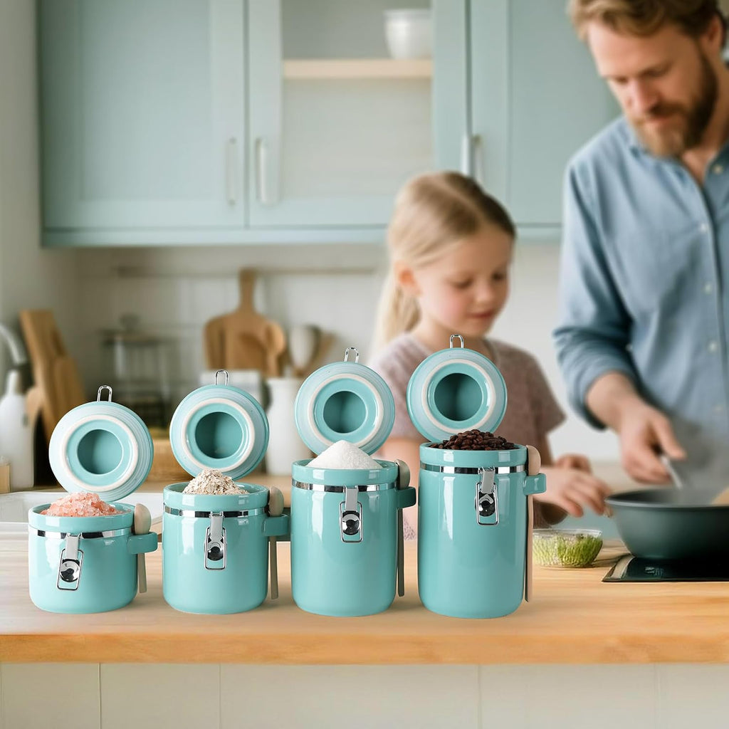 Airtight Ceramic Canister Set With Attached Wooden Spoon Reusable Chalk Labels For Dry Goods Sugar Coffee Tea - Set of 4