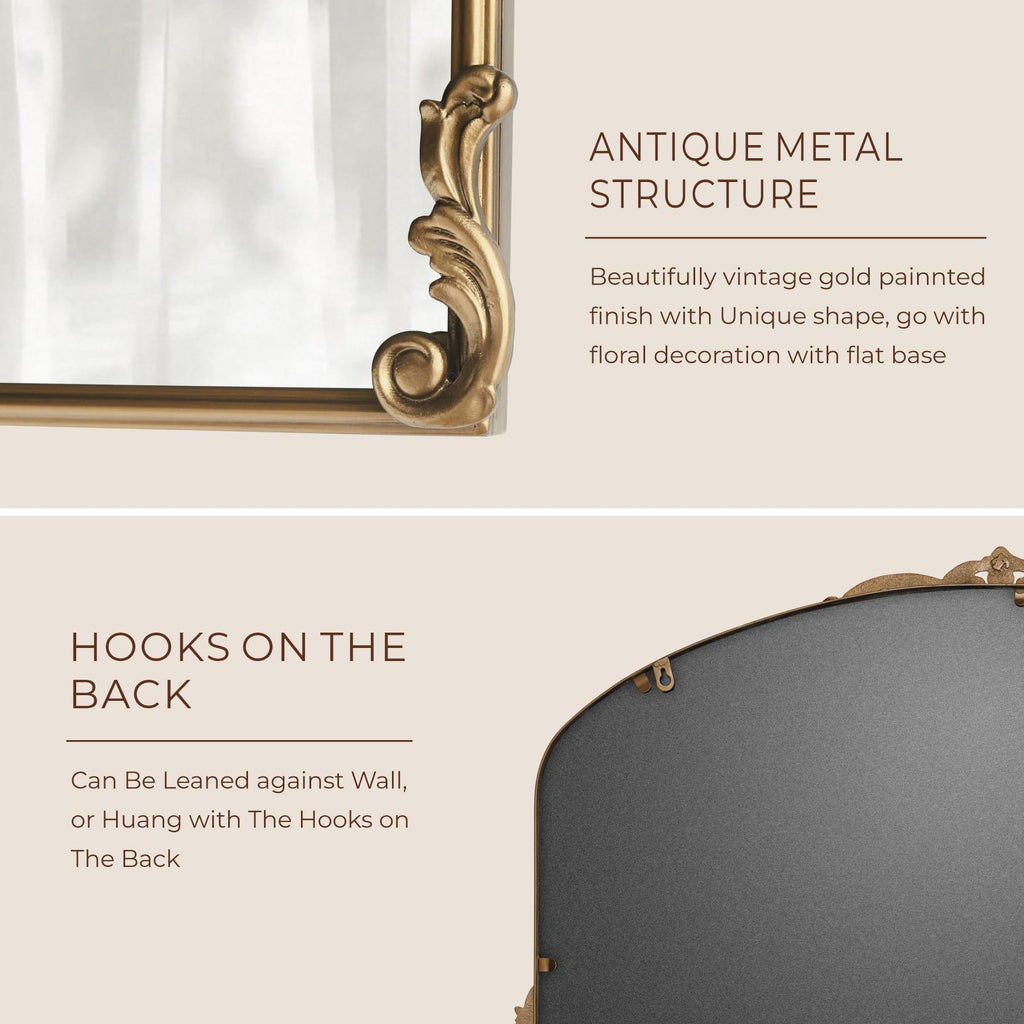 Vintage Gold Wall Mirror 36x30 Inch, Baroque Design, Ornate Arched Frame
