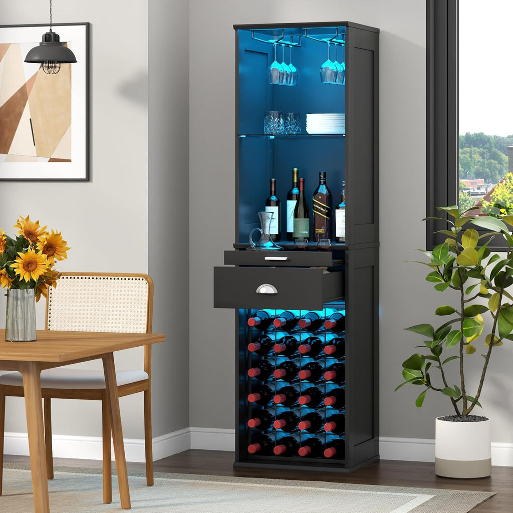 Wine Bar Cabinet w/LED Lights, 65'' Tall Coffee Bar w/24 Wine Rack | Freestanding Liquor Cabinet with Glass Holder &