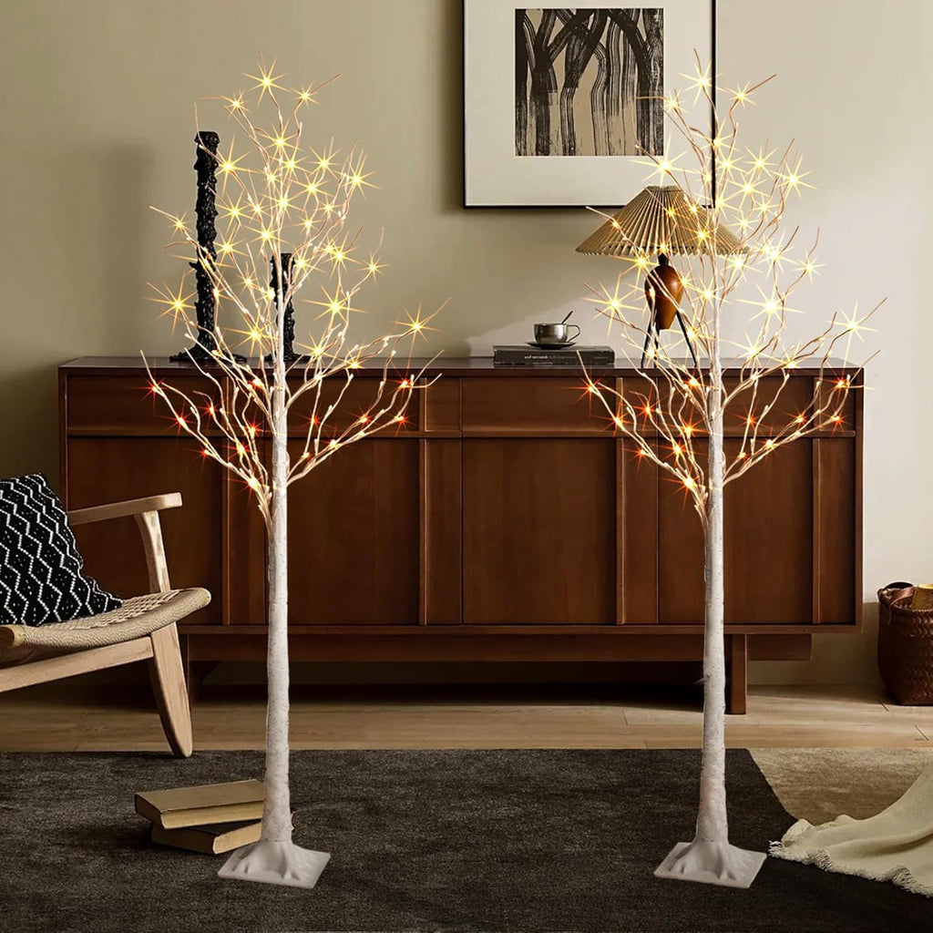 Birch Tree Lights, 2 Pack 6 Feet Prelit White Artificial Christmas Trees, Birch Tree with LED Lights, Twinkling Twig
