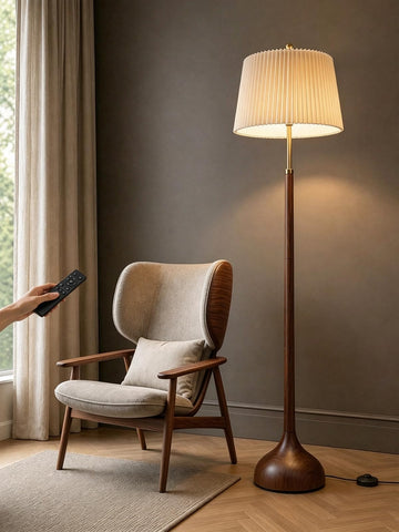 Mid Century Modern Wood & Brushed Brass Floor Lamp with Remote