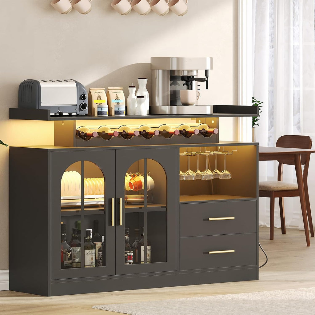 Wine Bar Cabinet with LED Lights & Charging, Modern Liquor Cabinets with 2 Ample Storage Drawers, Wine and Glass