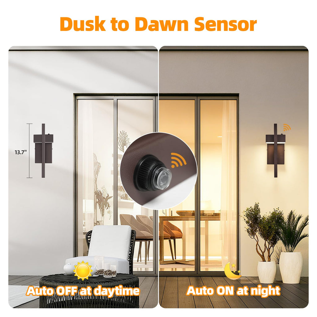 13.7'' 2-Pack Dusk to Dawn Outdoor Porch Light, Modern LED Wall Light, Brown